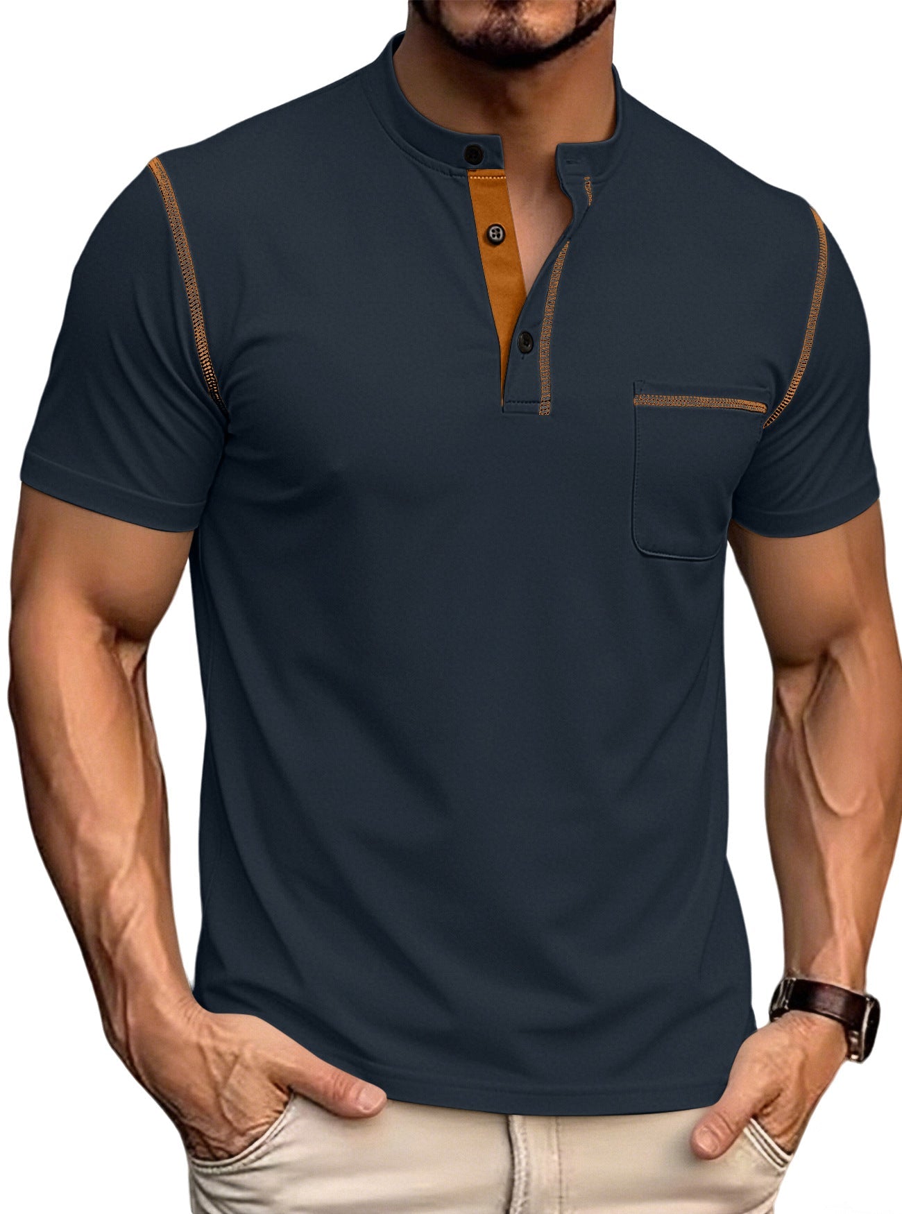 Men's Stand Collar Henley Polo Shirt