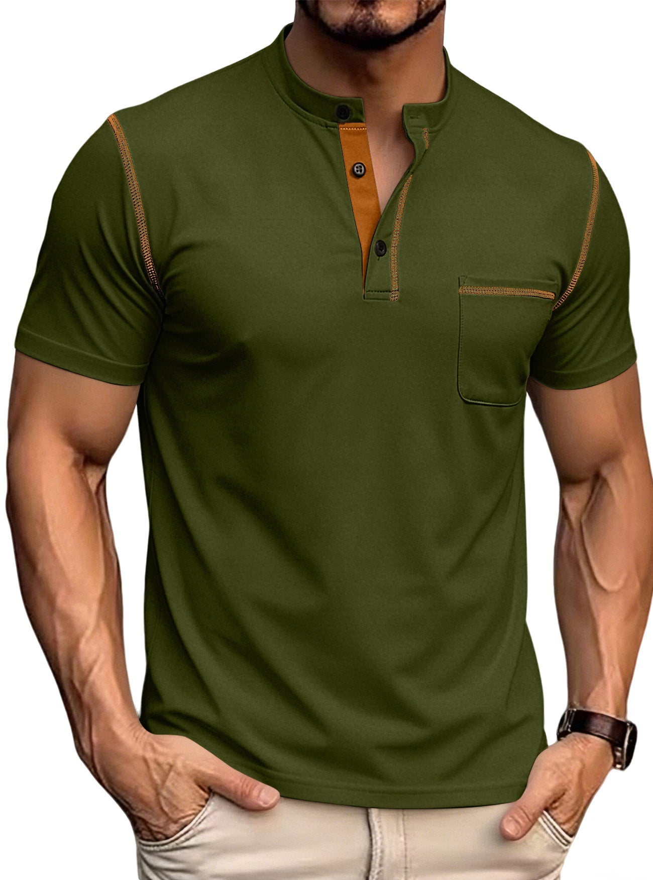 Men's Stand Collar Henley Polo Shirt