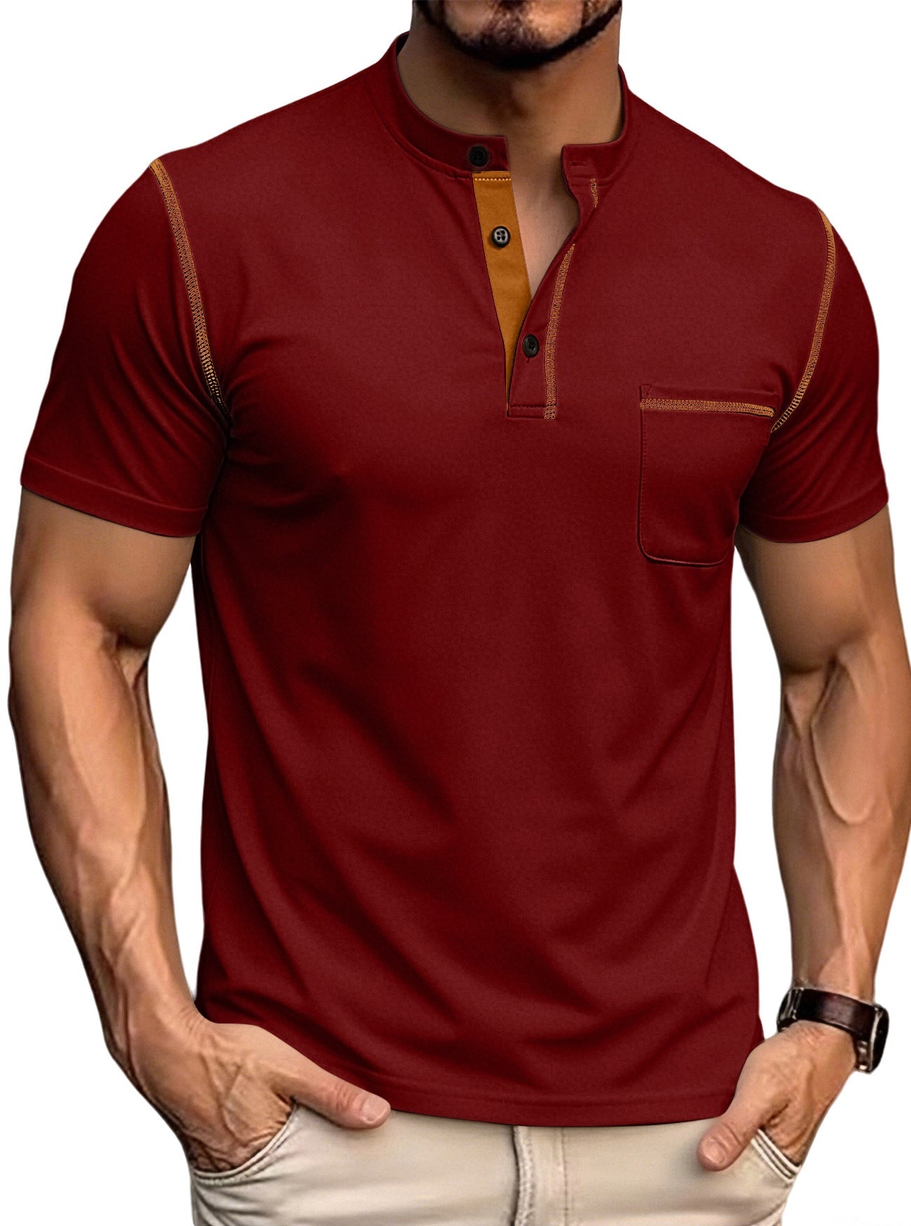 Men's Stand Collar Henley Polo Shirt