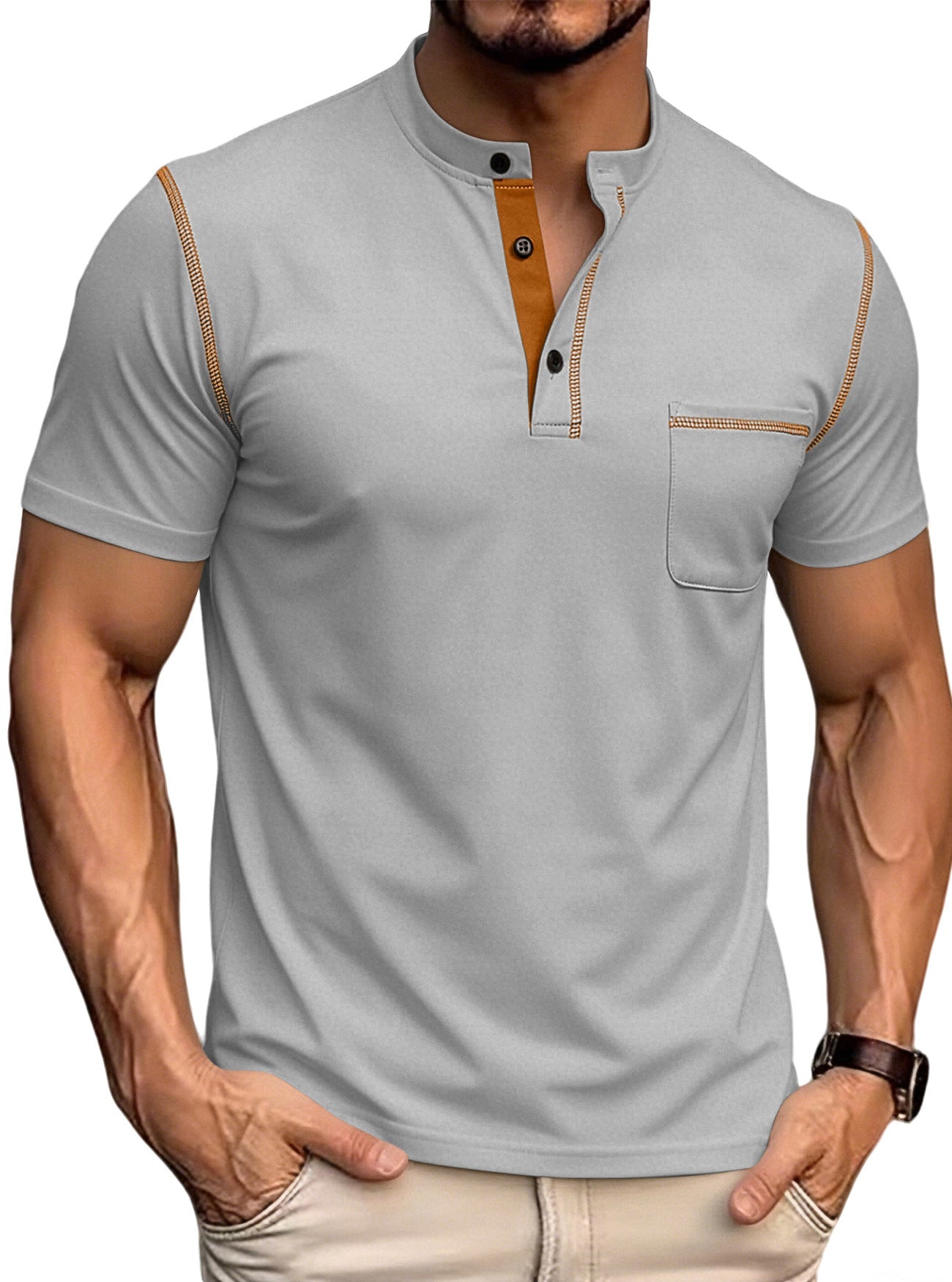 Men's Stand Collar Henley Polo Shirt