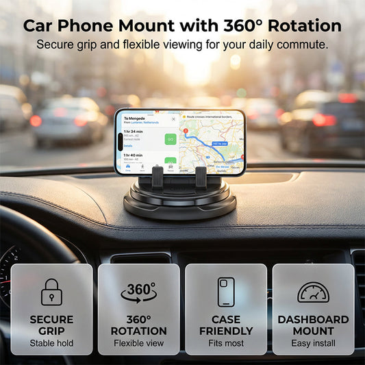 2-in-1 Car Dashboard Cell Phone Mount 360 Rotatable, Anti-Slip Base Safe Navigation Holder for All Smartphones